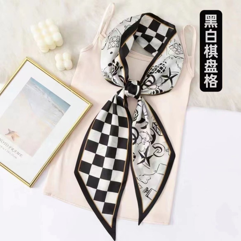 Korean version of rhombus scarf, narrow and long imitation silk scarf for women, decorative sharp corners, fashionable decorative headband, silk scarf wholesale