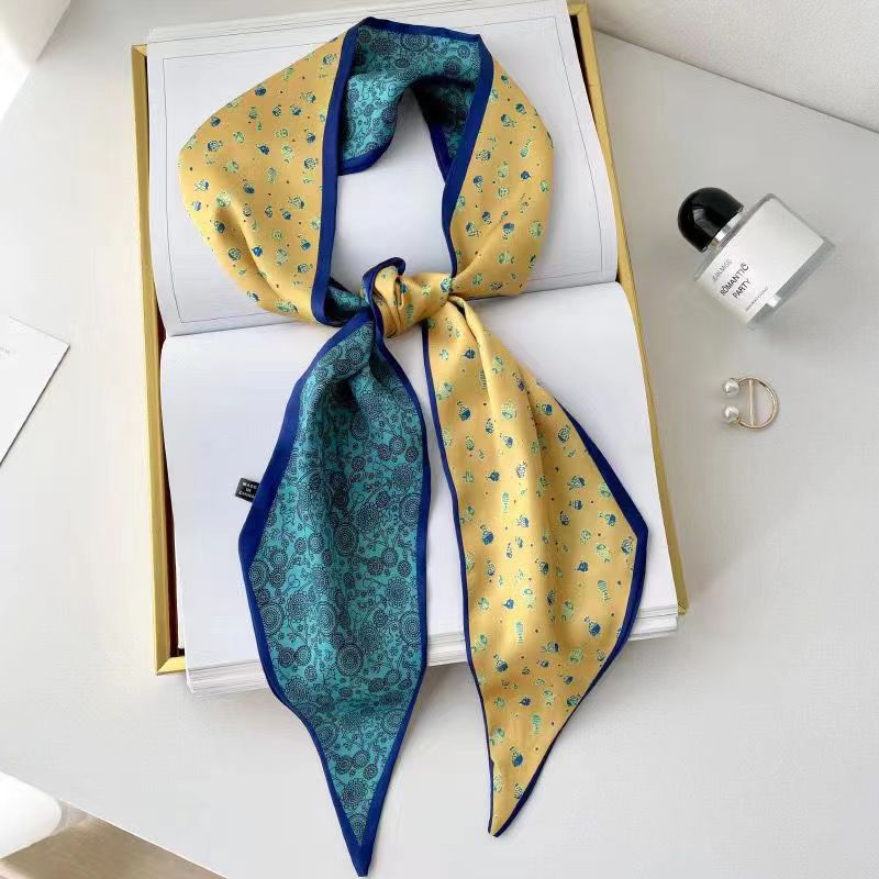 Korean version of rhombus scarf, narrow and long imitation silk scarf for women, decorative sharp corners, fashionable decorative headband, silk scarf wholesale