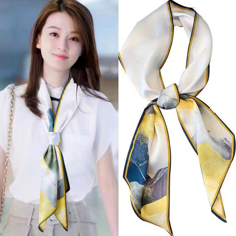 Korean version of rhombus scarf, narrow and long imitation silk scarf for women, decorative sharp corners, fashionable decorative headband, silk scarf wholesale
