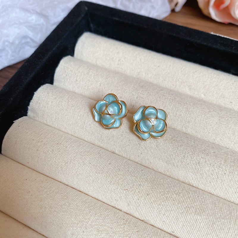 Silver Needle Fresh Blue Resin Diamond-Studded Round Earrings, Light Luxury High-End Earrings, Niche Forest-Style Temperament Ear Accessories