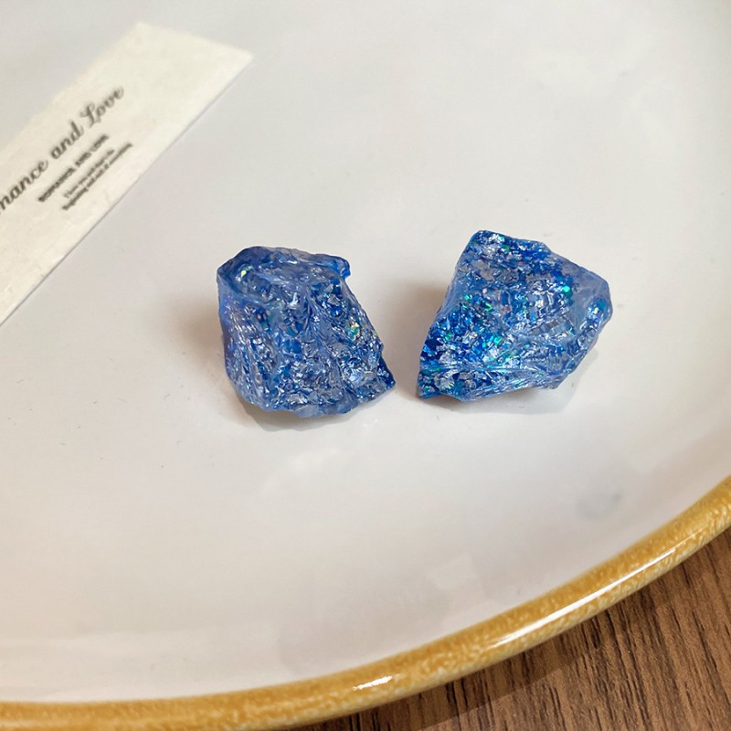 Silver Needle Fresh Blue Resin Diamond-Studded Round Earrings, Light Luxury High-End Earrings, Niche Forest-Style Temperament Ear Accessories