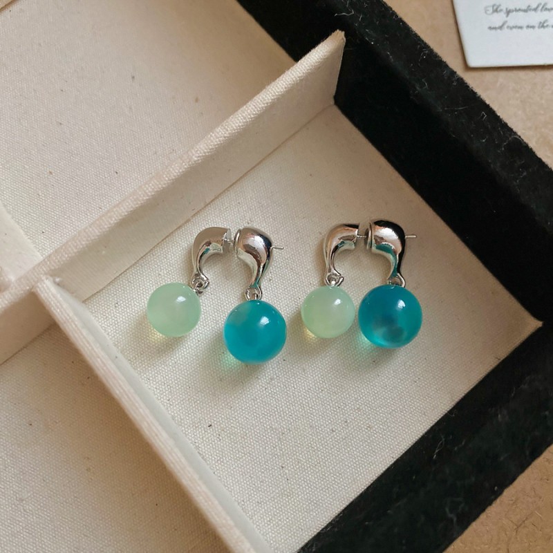 Silver Needle Fresh Blue Resin Diamond-Studded Round Earrings, Light Luxury High-End Earrings, Niche Forest-Style Temperament Ear Accessories