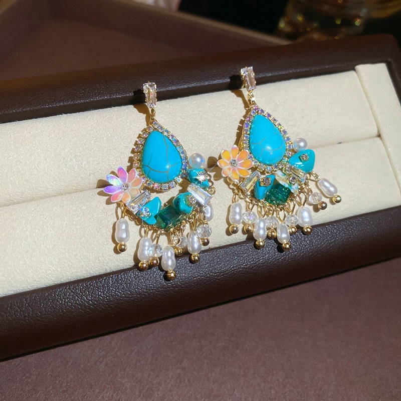 Silver Needle Fresh Blue Resin Diamond-Studded Round Earrings, Light Luxury High-End Earrings, Niche Forest-Style Temperament Ear Accessories