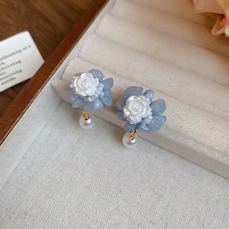 Silver Needle Fresh Blue Resin Diamond-Studded Round Earrings, Light Luxury High-End Earrings, Niche Forest-Style Temperament Ear Accessories