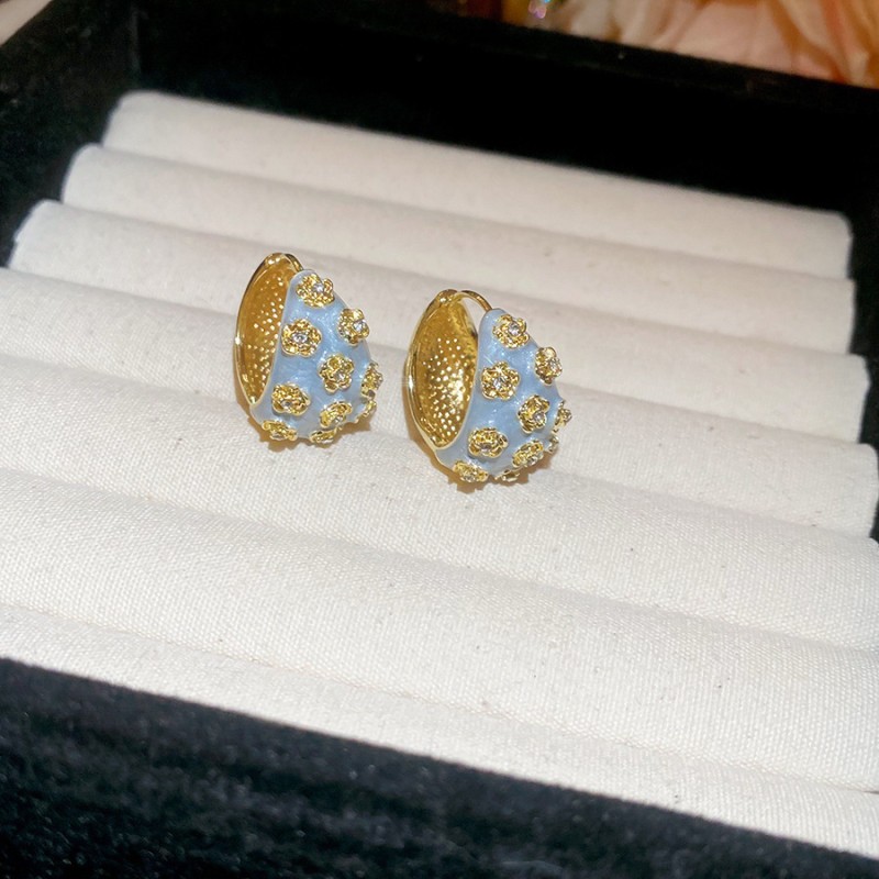 Silver Needle Fresh Blue Resin Diamond-Studded Round Earrings, Light Luxury High-End Earrings, Niche Forest-Style Temperament Ear Accessories