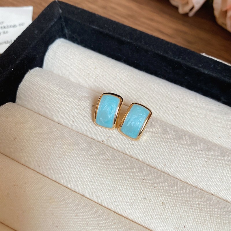 Silver Needle Fresh Blue Resin Diamond-Studded Round Earrings, Light Luxury High-End Earrings, Niche Forest-Style Temperament Ear Accessories