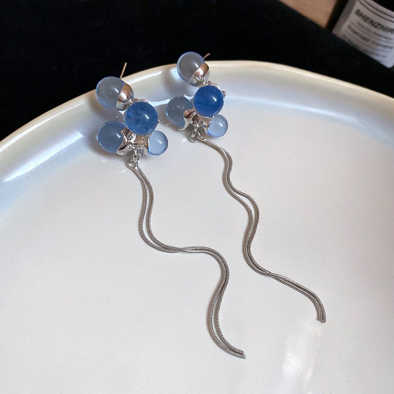 Silver Needle Fresh Blue Resin Diamond-Studded Round Earrings, Light Luxury High-End Earrings, Niche Forest-Style Temperament Ear Accessories