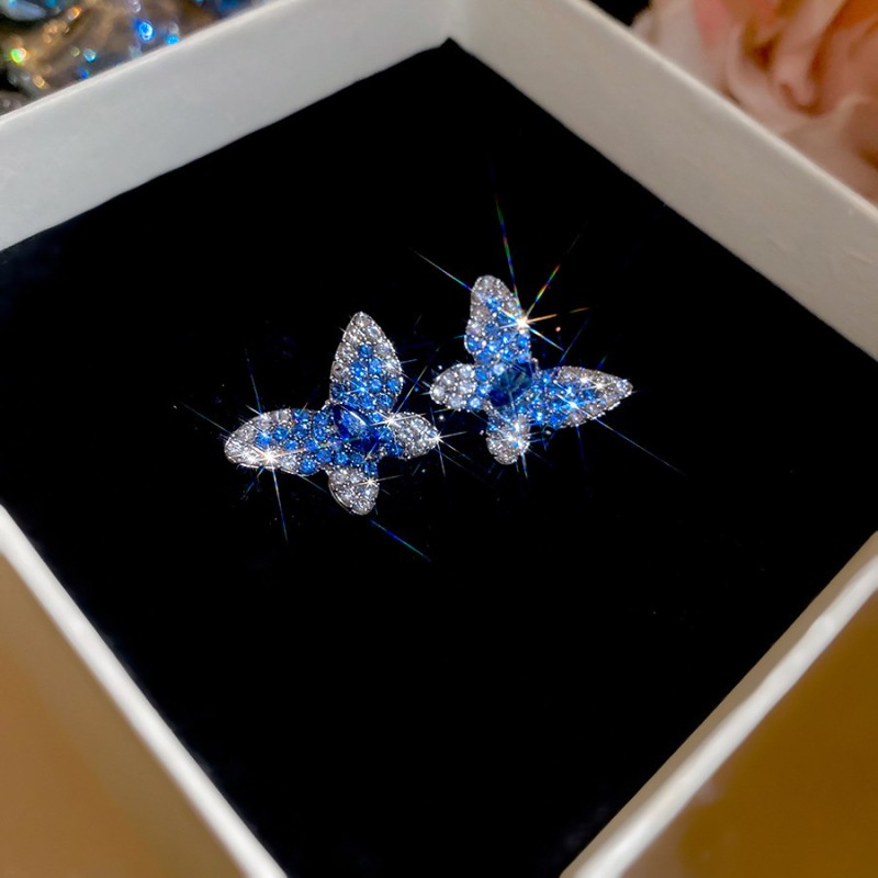 Silver Needle Fresh Blue Resin Diamond-Studded Round Earrings, Light Luxury High-End Earrings, Niche Forest-Style Temperament Ear Accessories