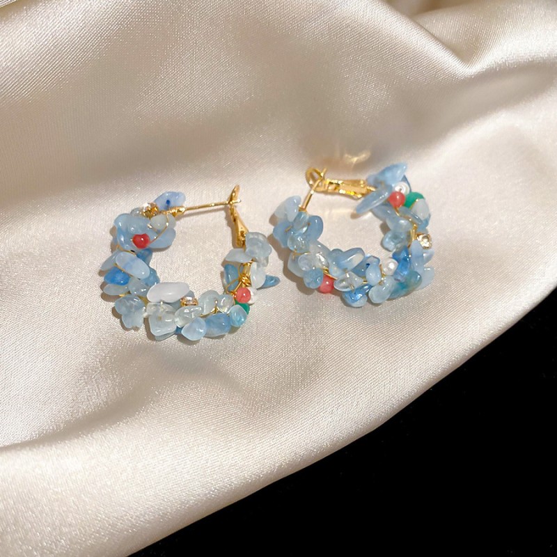 Silver Needle Fresh Blue Resin Diamond-Studded Round Earrings, Light Luxury High-End Earrings, Niche Forest-Style Temperament Ear Accessories