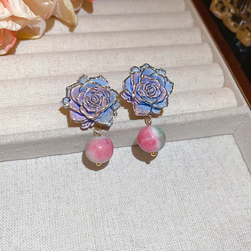 Silver Needle Fresh Blue Resin Diamond-Studded Round Earrings, Light Luxury High-End Earrings, Niche Forest-Style Temperament Ear Accessories