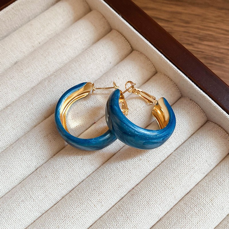 Silver Needle Fresh Blue Resin Diamond-Studded Round Earrings, Light Luxury High-End Earrings, Niche Forest-Style Temperament Ear Accessories