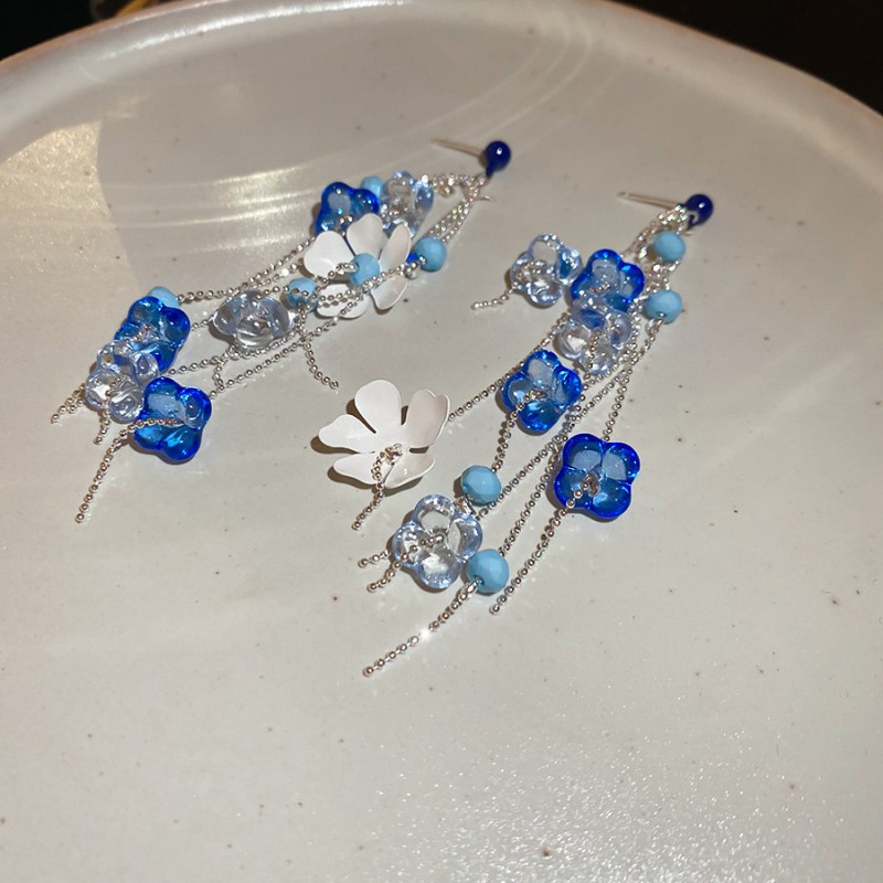 Silver Needle Fresh Blue Resin Diamond-Studded Round Earrings, Light Luxury High-End Earrings, Niche Forest-Style Temperament Ear Accessories