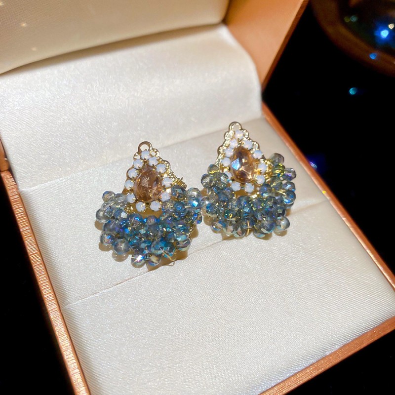 Silver Needle Fresh Blue Resin Diamond-Studded Round Earrings, Light Luxury High-End Earrings, Niche Forest-Style Temperament Ear Accessories
