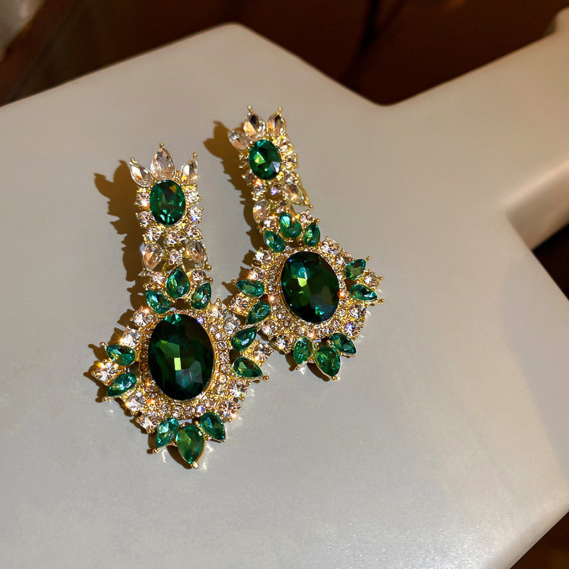 European and American Cross-border Green Zircon Flower Geometric Earrings Elegant All-match Earrings Light Luxury High-end Earrings Design Sense