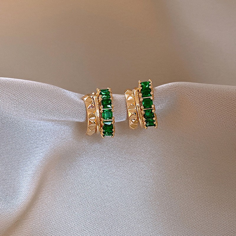 European and American Cross-border Green Zircon Flower Geometric Earrings Elegant All-match Earrings Light Luxury High-end Earrings Design Sense