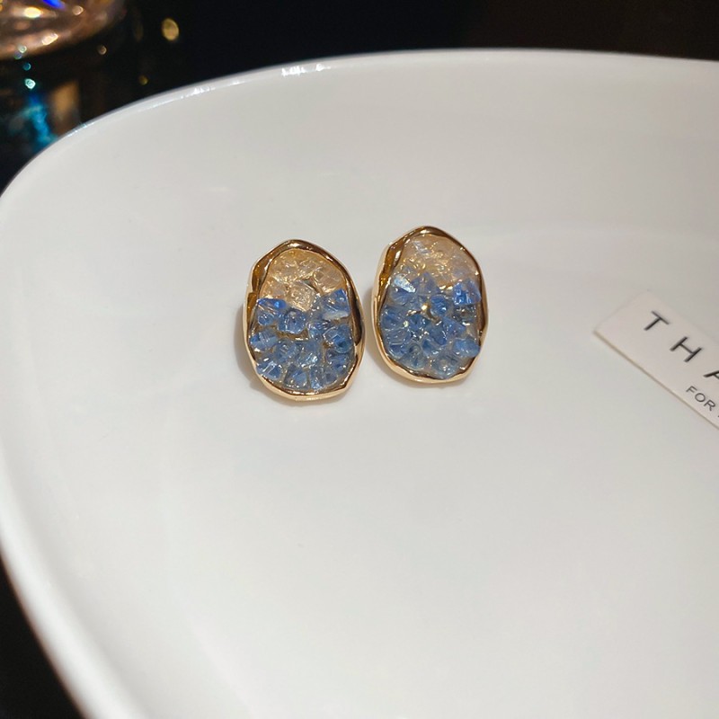 Silver Needle Fresh Blue Resin Diamond-Studded Round Earrings, Light Luxury High-End Earrings, Niche Forest-Style Temperament Ear Accessories