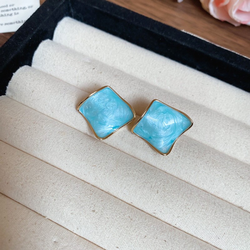 Silver Needle Fresh Blue Resin Diamond-Studded Round Earrings, Light Luxury High-End Earrings, Niche Forest-Style Temperament Ear Accessories