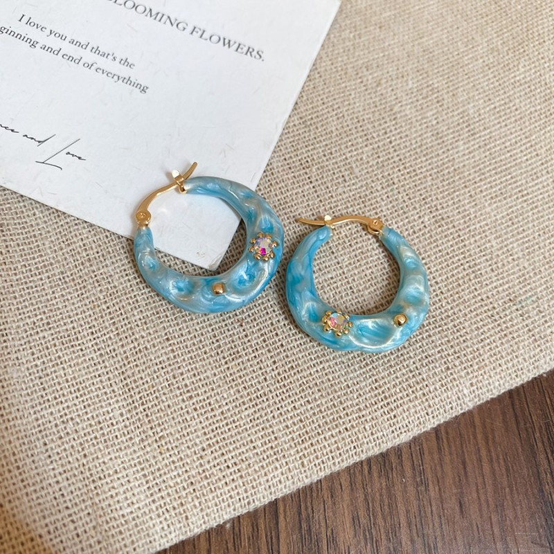 Silver Needle Fresh Blue Resin Diamond-Studded Round Earrings, Light Luxury High-End Earrings, Niche Forest-Style Temperament Ear Accessories
