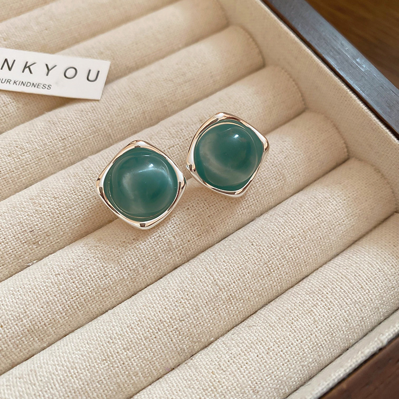 Silver Needle Fresh Blue Resin Diamond-Studded Round Earrings, Light Luxury High-End Earrings, Niche Forest-Style Temperament Ear Accessories