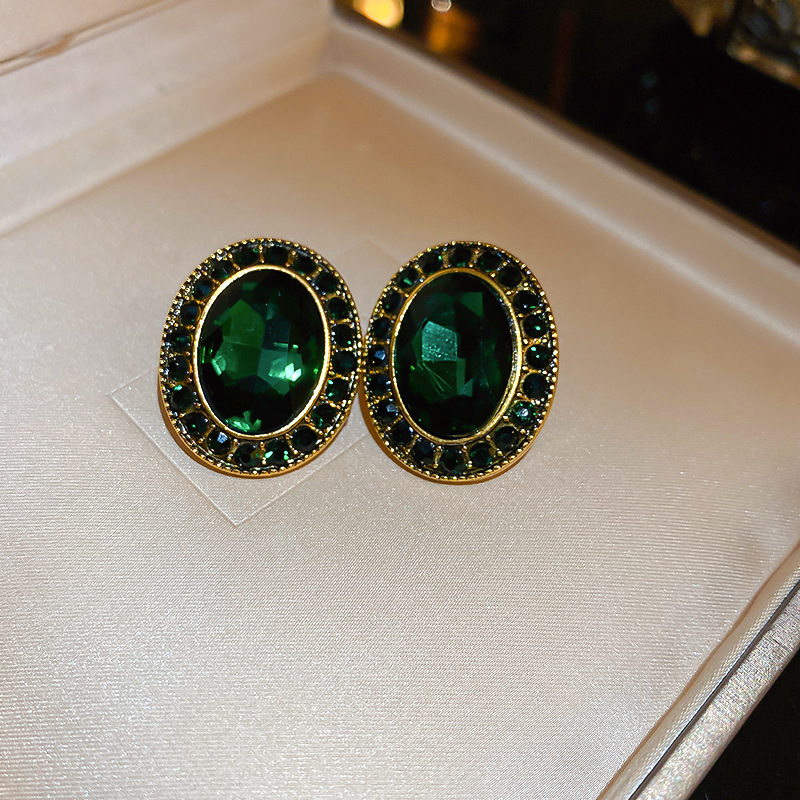 European and American Cross-border Green Zircon Flower Geometric Earrings Elegant All-match Earrings Light Luxury High-end Earrings Design Sense