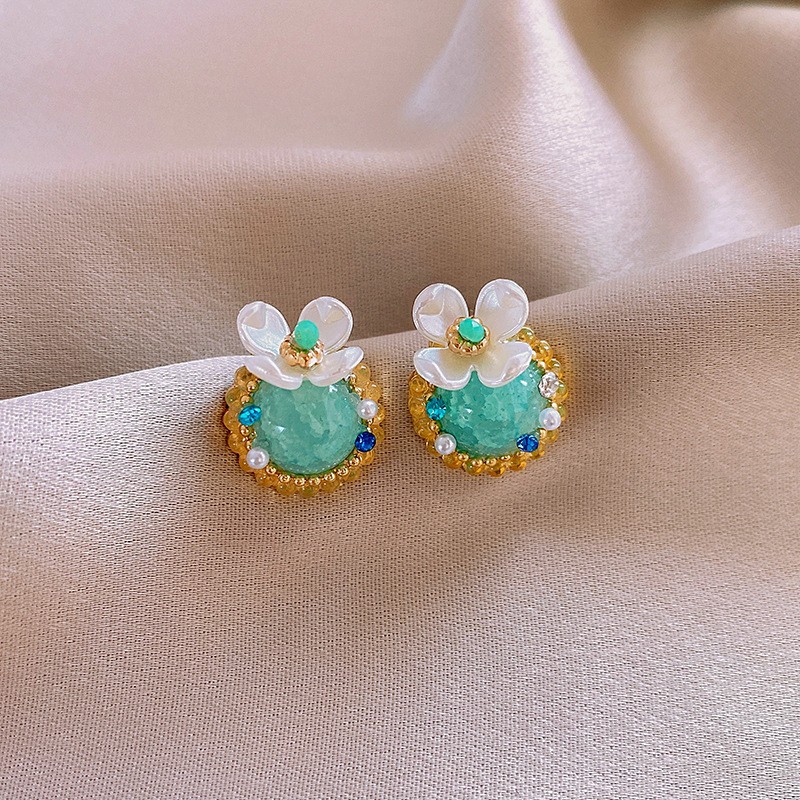Silver Needle Fresh Blue Resin Diamond-Studded Round Earrings, Light Luxury High-End Earrings, Niche Forest-Style Temperament Ear Accessories