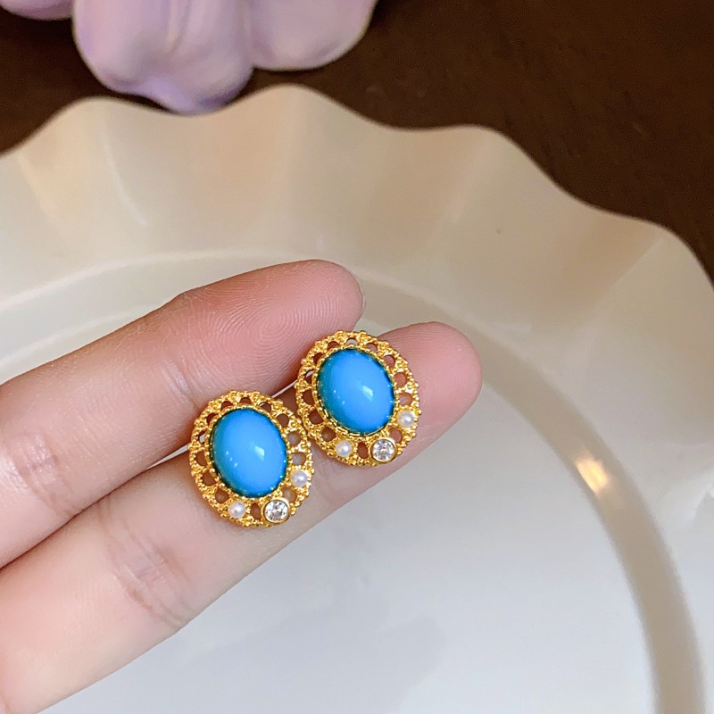 Silver Needle Fresh Blue Resin Diamond-Studded Round Earrings, Light Luxury High-End Earrings, Niche Forest-Style Temperament Ear Accessories