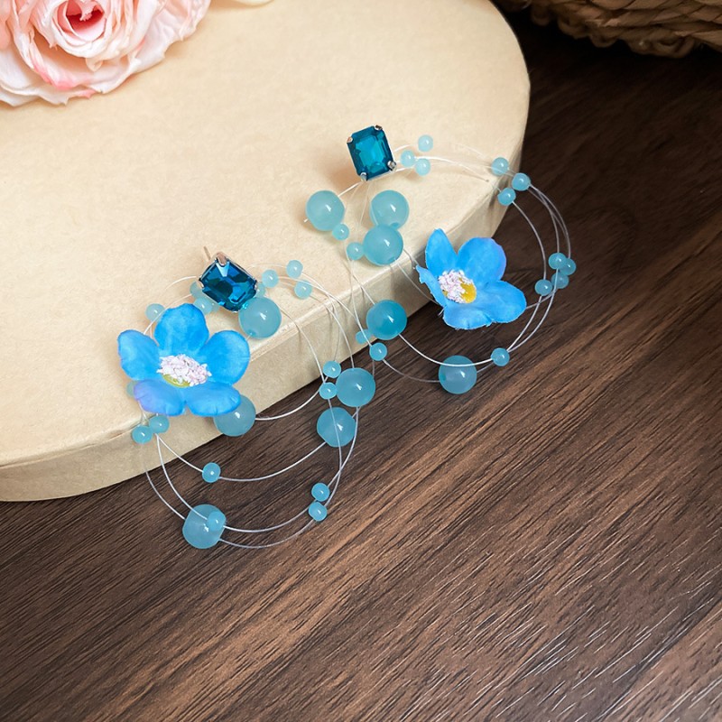 Silver Needle Fresh Blue Resin Diamond-Studded Round Earrings, Light Luxury High-End Earrings, Niche Forest-Style Temperament Ear Accessories