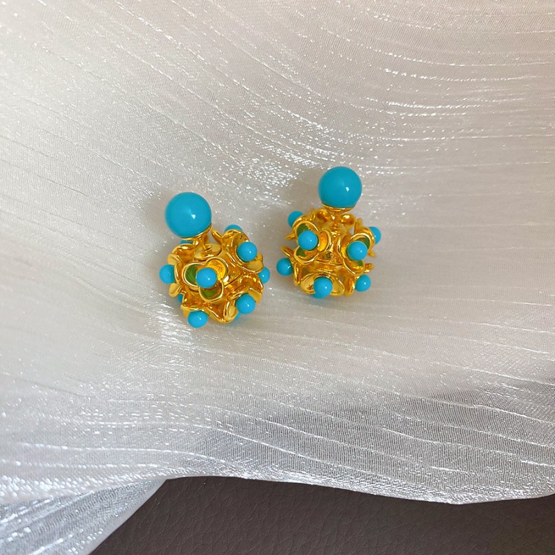Silver Needle Fresh Blue Resin Diamond-Studded Round Earrings, Light Luxury High-End Earrings, Niche Forest-Style Temperament Ear Accessories