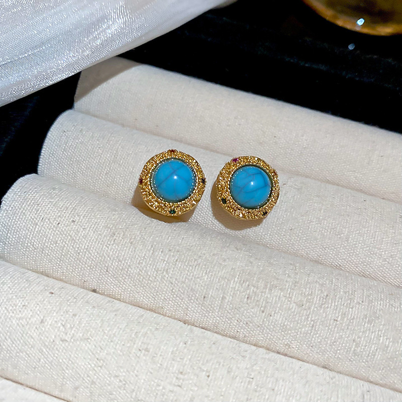 Silver Needle Fresh Blue Resin Diamond-Studded Round Earrings, Light Luxury High-End Earrings, Niche Forest-Style Temperament Ear Accessories