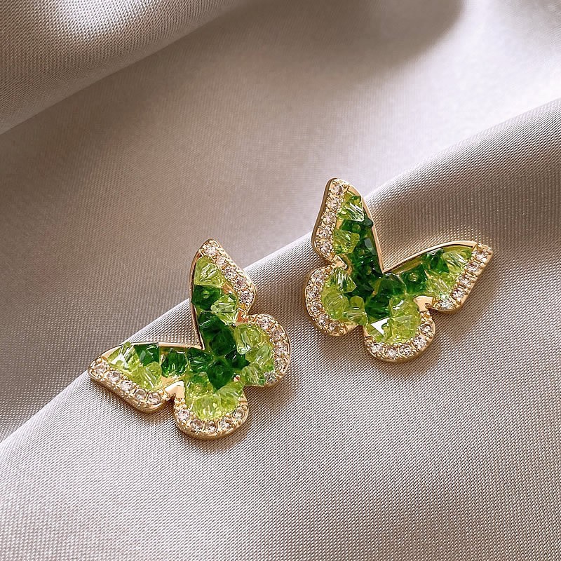 European and American Cross-border Green Zircon Flower Geometric Earrings Elegant All-match Earrings Light Luxury High-end Earrings Design Sense