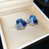 Silver Needle Fresh Blue Resin Diamond-Studded Round Earrings, Light Luxury High-End Earrings, Niche Forest-Style Temperament Ear Accessories