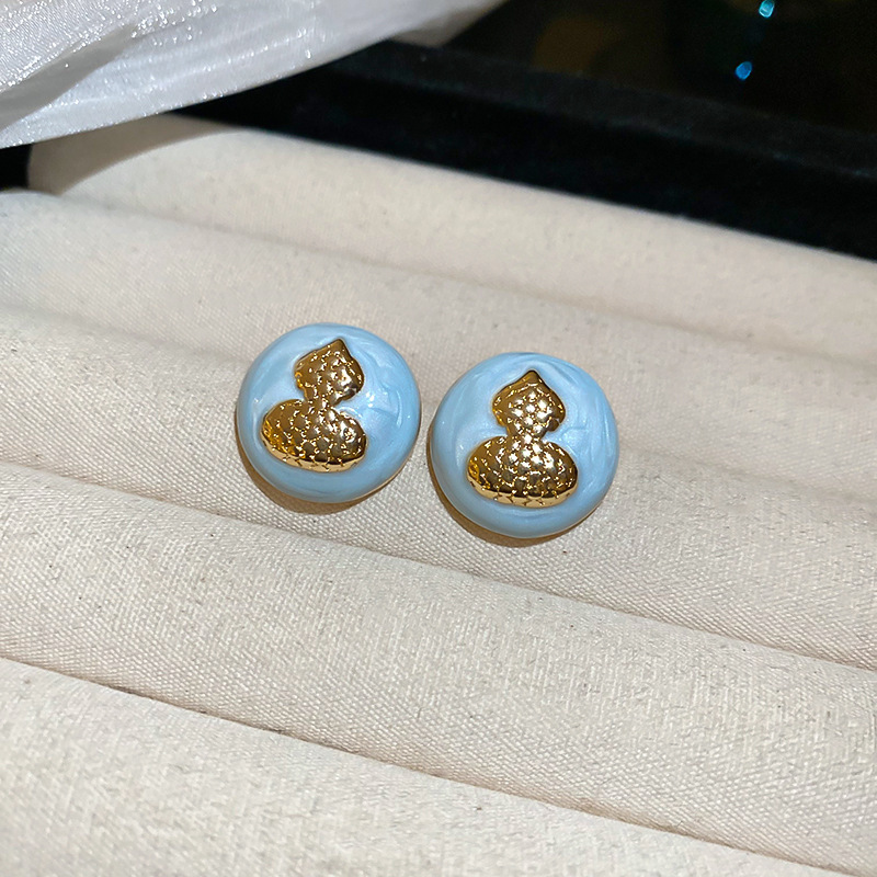 Silver Needle Fresh Blue Resin Diamond-Studded Round Earrings, Light Luxury High-End Earrings, Niche Forest-Style Temperament Ear Accessories