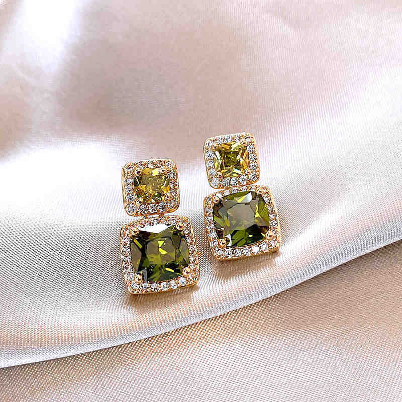 European and American Cross-border Green Zircon Flower Geometric Earrings Elegant All-match Earrings Light Luxury High-end Earrings Design Sense