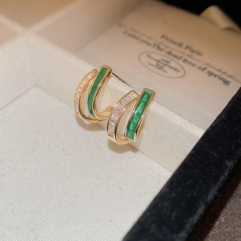 European and American Cross-border Green Zircon Flower Geometric Earrings Elegant All-match Earrings Light Luxury High-end Earrings Design Sense