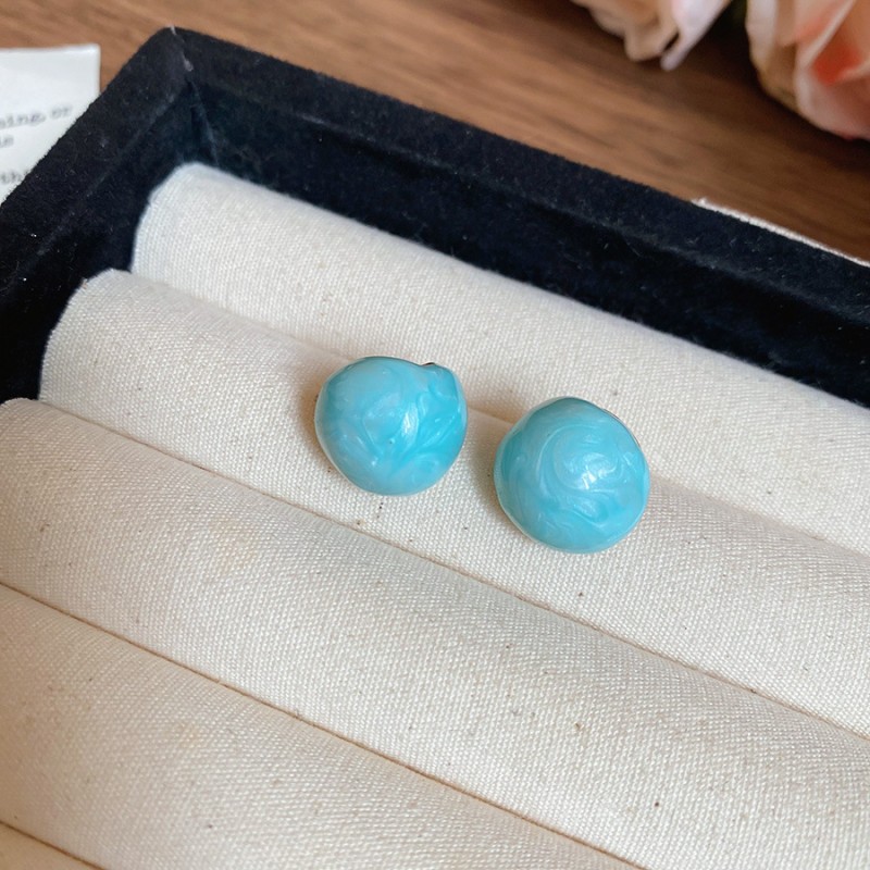 Silver Needle Fresh Blue Resin Diamond-Studded Round Earrings, Light Luxury High-End Earrings, Niche Forest-Style Temperament Ear Accessories