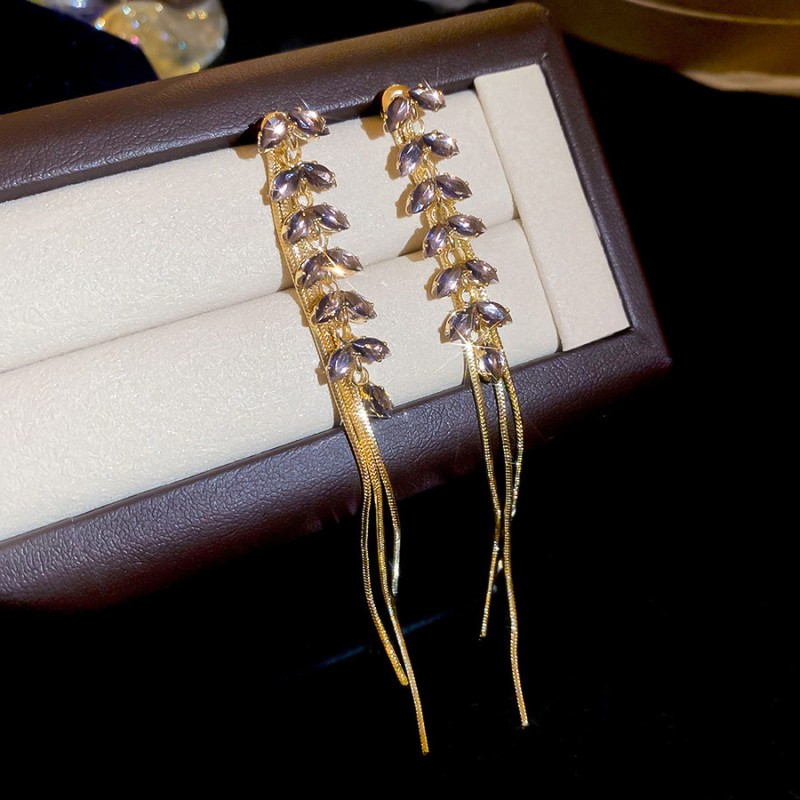 European and American Cross-border Long Wheat Ears Flowers Leaves Tassel Earrings Cold Style Elegant Earrings Light Luxury High-end Earrings