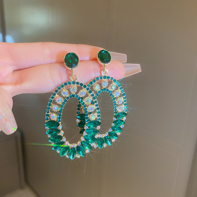 European and American Cross-border Green Zircon Flower Geometric Earrings Elegant All-match Earrings Light Luxury High-end Earrings Design Sense