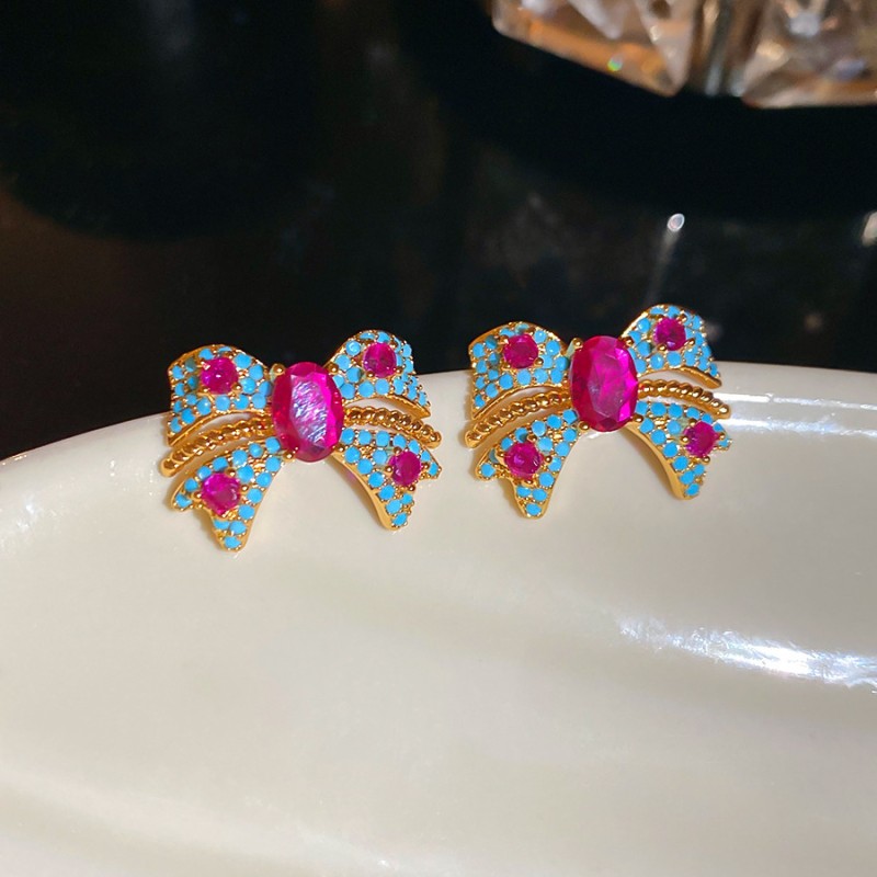 Silver Needle Fresh Blue Resin Diamond-Studded Round Earrings, Light Luxury High-End Earrings, Niche Forest-Style Temperament Ear Accessories