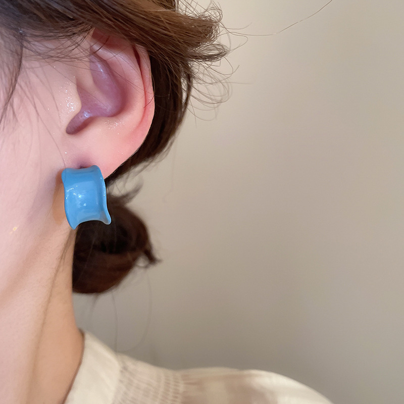 Silver Needle Fresh Blue Resin Diamond-Studded Round Earrings, Light Luxury High-End Earrings, Niche Forest-Style Temperament Ear Accessories
