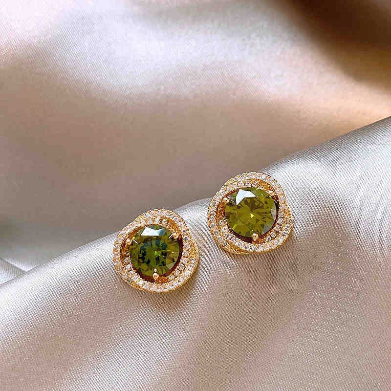 European and American Cross-border Green Zircon Flower Geometric Earrings Elegant All-match Earrings Light Luxury High-end Earrings Design Sense