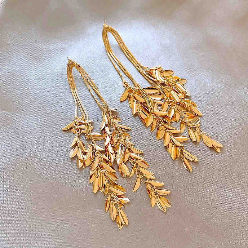 European and American Cross-border Long Wheat Ears Flowers Leaves Tassel Earrings Cold Style Elegant Earrings Light Luxury High-end Earrings
