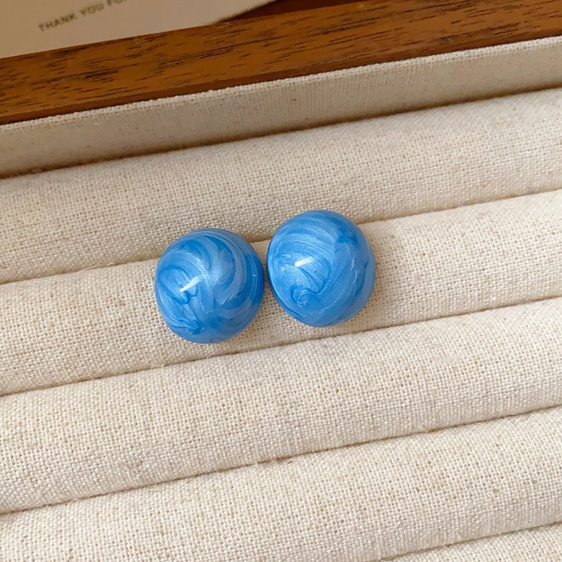 Silver Needle Fresh Blue Resin Diamond-Studded Round Earrings, Light Luxury High-End Earrings, Niche Forest-Style Temperament Ear Accessories