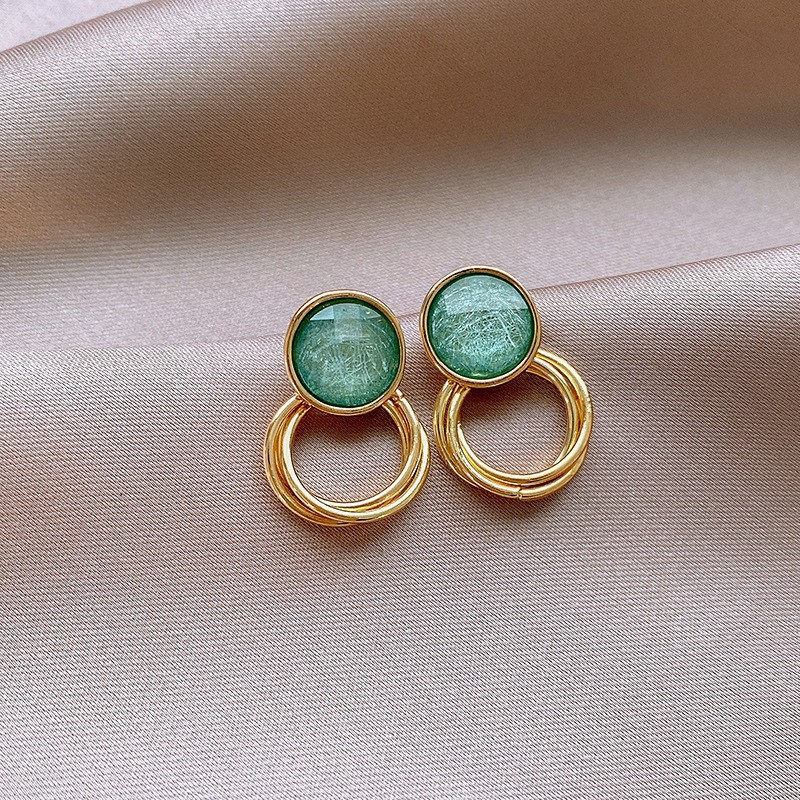 Silver Needle Fresh Blue Resin Diamond-Studded Round Earrings, Light Luxury High-End Earrings, Niche Forest-Style Temperament Ear Accessories