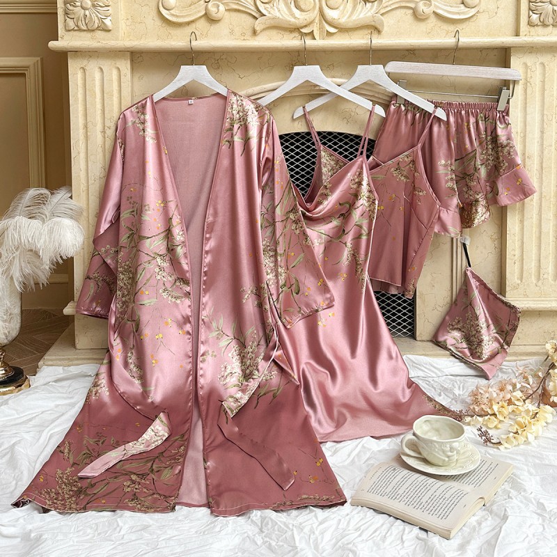 Homewear Simple Five-Piece Printed Cherry Pajamas Women’s Thin Nightgown Suspender Shorts Suspender Skirt Suit
