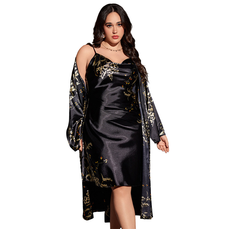 Plus Size Printed Pajamas Home Clothes Thin Outer Long Pajamas suit Lace-Up Nightgown Two-Piece Set for Women