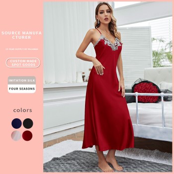 Summer comfortable imitation silk nightgown, women's sexy suspender nightgown, ice silk nightgown, long skirt, home clothing wholesale