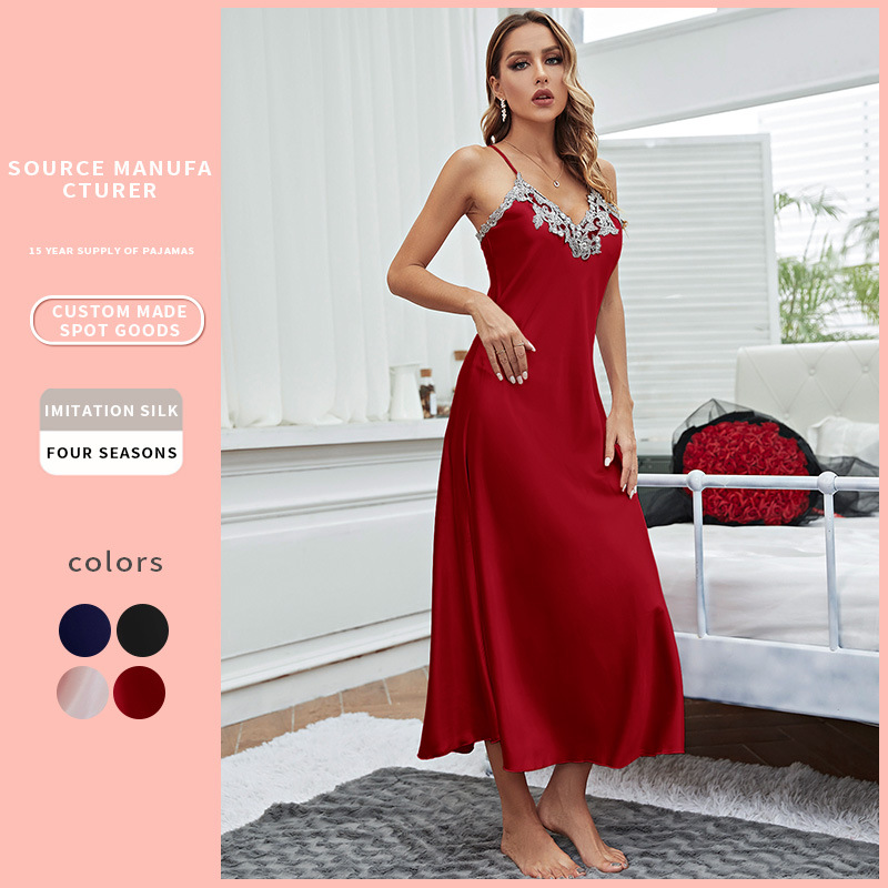 Summer comfortable imitation silk nightgown, women's sexy suspender nightgown, ice silk nightgown, long skirt, home clothing wholesale