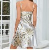 Sexy Women’s Suspender Pajamas Summer Thin Silk Suspender Nightgown Mid-Length Cherry Print Home Clothes