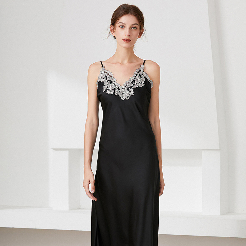 Simulated Silk Pajamas for Women, Lace Sexy V-Neck Long Suspender Nightgown, Pajamas, Home Clothes, Drop Shipping