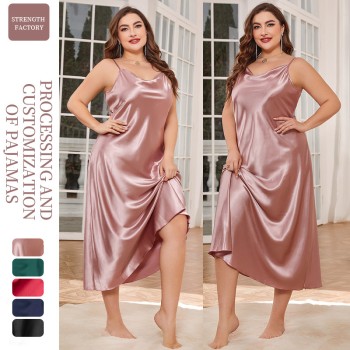 Danielin Plus Large Size Pajamas Women’s Fashion Breathable Casual Pajamas Long Silk Sexy Sling Nightgown